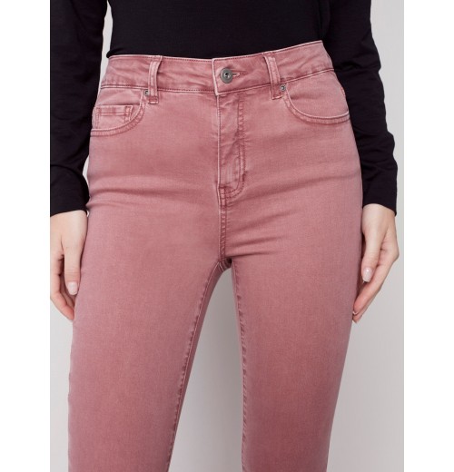 Bootcut Twill Pants with Asymmetrical Fringed Hem - Raspberry Bootcut Twill Pants with Asymmetrical Fringed Hem - Raspberry