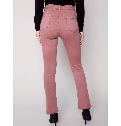 Bootcut Twill Pants with Asymmetrical Fringed Hem - Raspberry Bootcut Twill Pants with Asymmetrical Fringed Hem - Raspberry