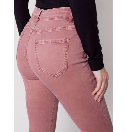 Bootcut Twill Pants with Asymmetrical Fringed Hem - Raspberry Bootcut Twill Pants with Asymmetrical Fringed Hem - Raspberry