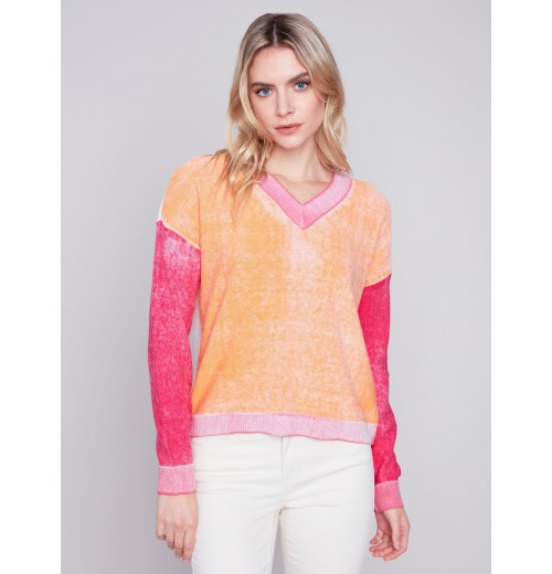 Color Block Cotton Sweater - Tangerine Color Block Cotton Sweater - Tangerine