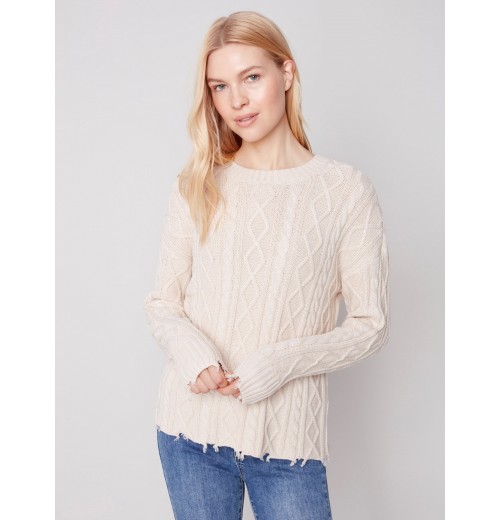 Cotton Blend Cable Knit Sweater - Ecru Cotton Blend Cable Knit Sweater - Ecru