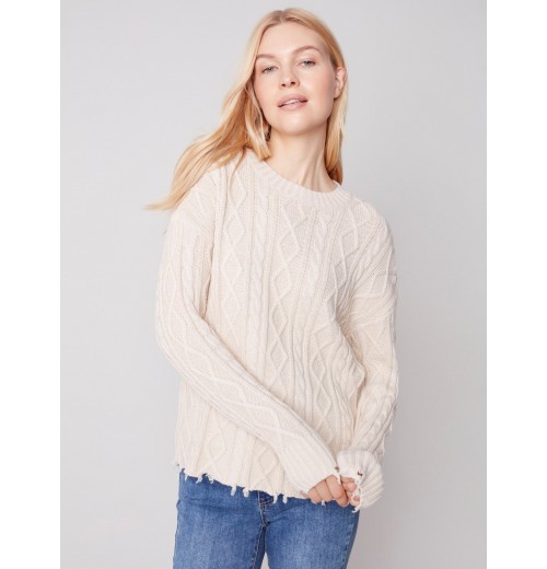 Cotton Blend Cable Knit Sweater - Ecru Cotton Blend Cable Knit Sweater - Ecru