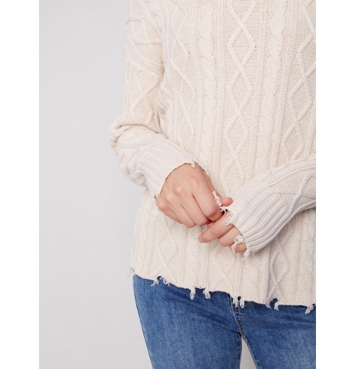Cotton Blend Cable Knit Sweater - Ecru Cotton Blend Cable Knit Sweater - Ecru