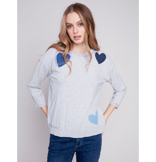Cotton Sweater with Heart Patches - Grey Cotton Sweater with Heart Patches - Grey