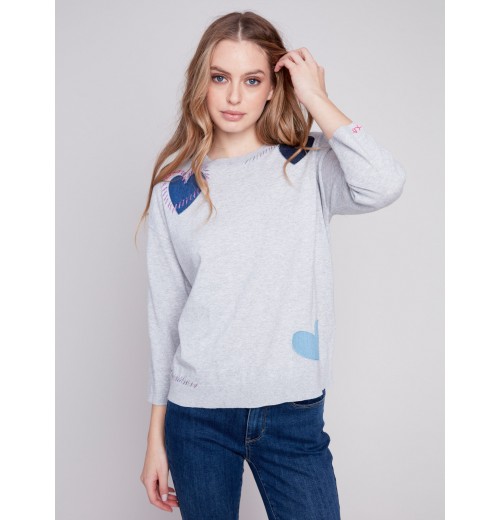 Cotton Sweater with Heart Patches - Grey Cotton Sweater with Heart Patches - Grey