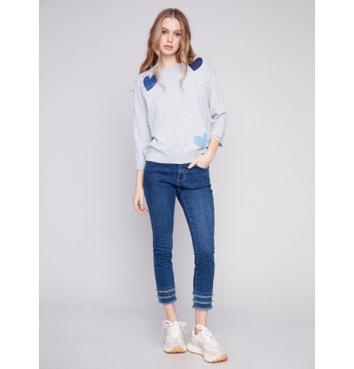 Cotton Sweater with Heart Patches - Grey Cotton Sweater with Heart Patches - Grey