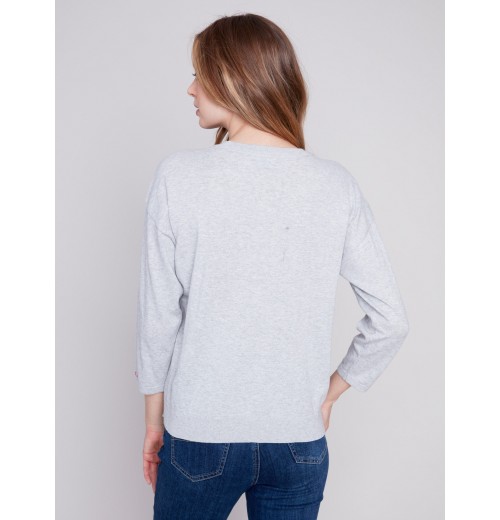 Cotton Sweater with Heart Patches - Grey Cotton Sweater with Heart Patches - Grey