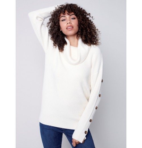 Cowl Neck Sweater with Button Detail - Ecru Cowl Neck Sweater with Button Detail - Ecru