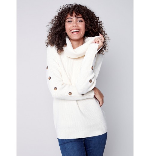 Cowl Neck Sweater with Button Detail - Ecru Cowl Neck Sweater with Button Detail - Ecru
