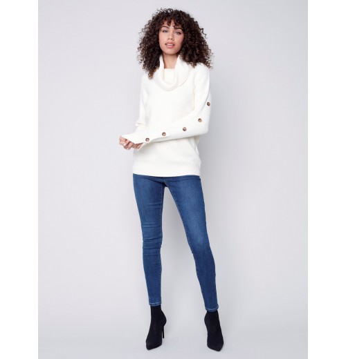 Cowl Neck Sweater with Button Detail - Ecru Cowl Neck Sweater with Button Detail - Ecru