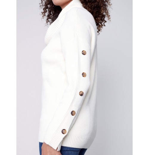 Cowl Neck Sweater with Button Detail - Ecru Cowl Neck Sweater with Button Detail - Ecru