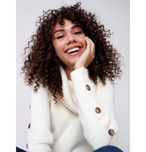 Cowl Neck Sweater with Button Detail - Ecru Cowl Neck Sweater with Button Detail - Ecru
