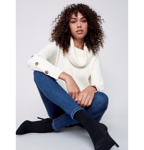 Cowl Neck Sweater with Button Detail - Ecru Cowl Neck Sweater with Button Detail - Ecru