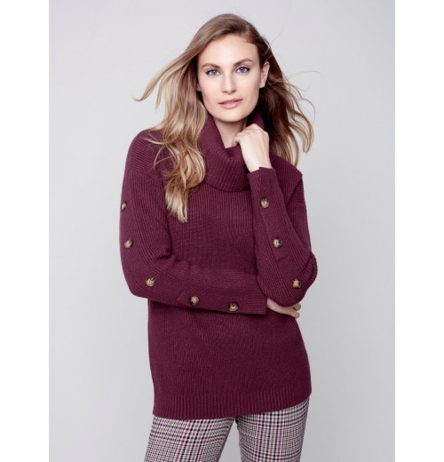 Cowl Neck Sweater with Button Detail - Port Cowl Neck Sweater with Button Detail - Port