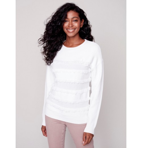 Crew Neck Sweater with Frayed Detail - Cream Crew Neck Sweater with Frayed Detail - Cream