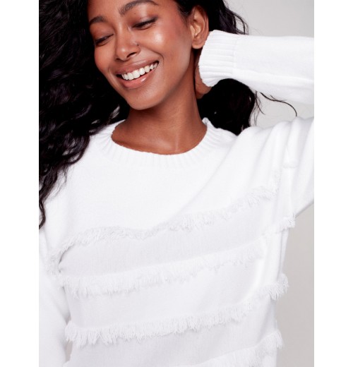 Crew Neck Sweater with Frayed Detail - Cream Crew Neck Sweater with Frayed Detail - Cream