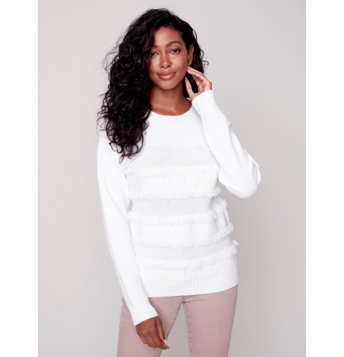 Crew Neck Sweater with Frayed Detail - Cream Crew Neck Sweater with Frayed Detail - Cream
