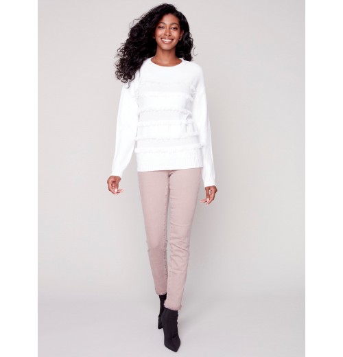 Crew Neck Sweater with Frayed Detail - Cream Crew Neck Sweater with Frayed Detail - Cream
