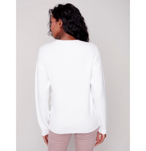 Crew Neck Sweater with Frayed Detail - Cream Crew Neck Sweater with Frayed Detail - Cream