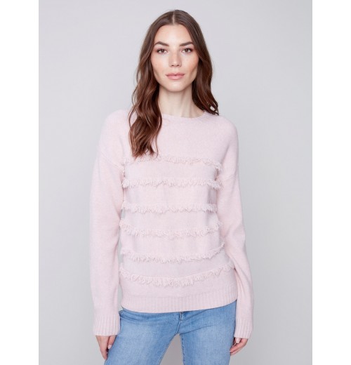 Crew Neck Sweater with Frayed Detail - Powder Crew Neck Sweater with Frayed Detail - Powder