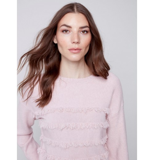 Crew Neck Sweater with Frayed Detail - Powder Crew Neck Sweater with Frayed Detail - Powder