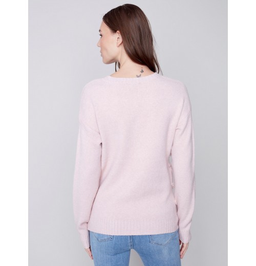 Crew Neck Sweater with Frayed Detail - Powder Crew Neck Sweater with Frayed Detail - Powder