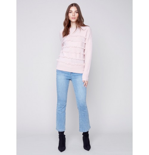 Crew Neck Sweater with Frayed Detail - Powder Crew Neck Sweater with Frayed Detail - Powder