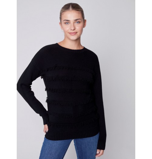 Crew Neck Sweater with Frayed Detail - Black Crew Neck Sweater with Frayed Detail - Black
