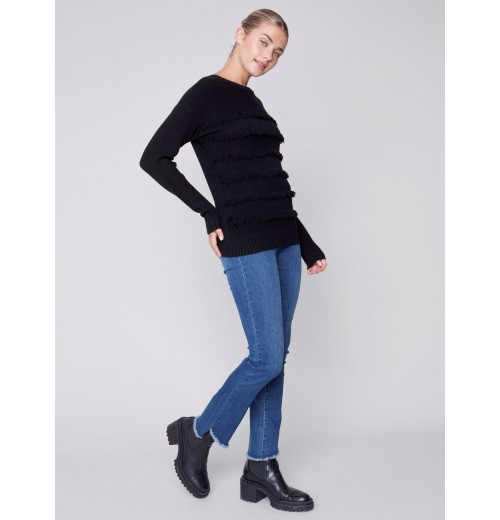 Crew Neck Sweater with Frayed Detail - Black Crew Neck Sweater with Frayed Detail - Black