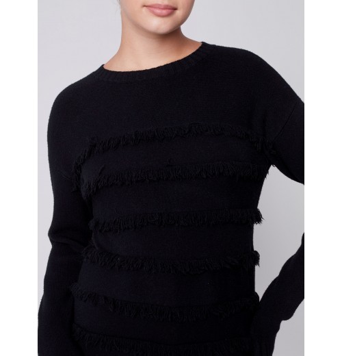 Crew Neck Sweater with Frayed Detail - Black Crew Neck Sweater with Frayed Detail - Black