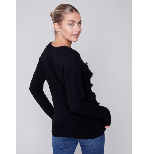 Crew Neck Sweater with Frayed Detail - Black Crew Neck Sweater with Frayed Detail - Black