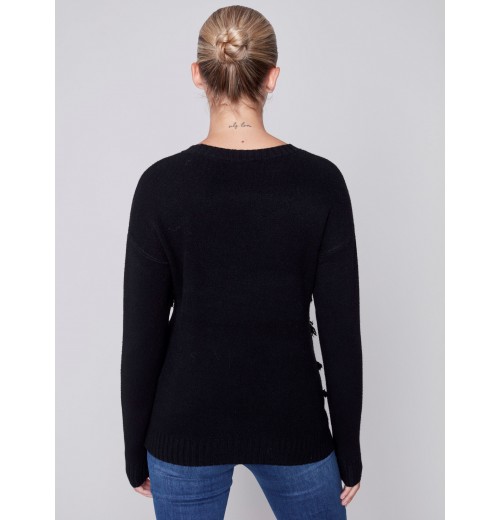 Crew Neck Sweater with Frayed Detail - Black Crew Neck Sweater with Frayed Detail - Black
