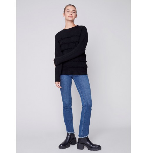 Crew Neck Sweater with Frayed Detail - Black Crew Neck Sweater with Frayed Detail - Black