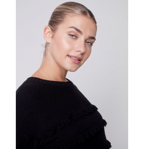 Crew Neck Sweater with Frayed Detail - Black Crew Neck Sweater with Frayed Detail - Black