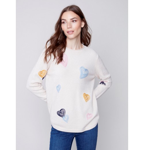 Embroidered Hearts Sweater - Ecru Embroidered Hearts Sweater - Ecru