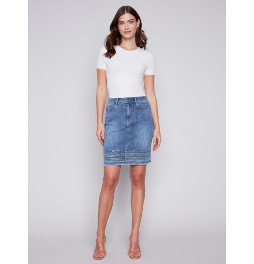 Embroidered Hem Denim Skort - Medium Blue Embroidered Hem Denim Skort - Medium Blue
