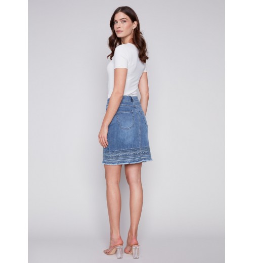 Embroidered Hem Denim Skort - Medium Blue Embroidered Hem Denim Skort - Medium Blue