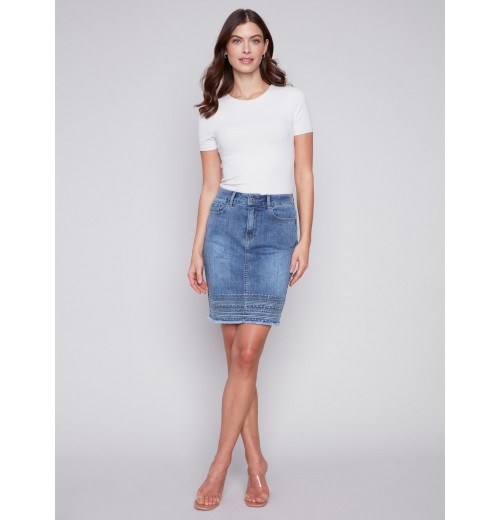 Embroidered Hem Denim Skort - Medium Blue Embroidered Hem Denim Skort - Medium Blue