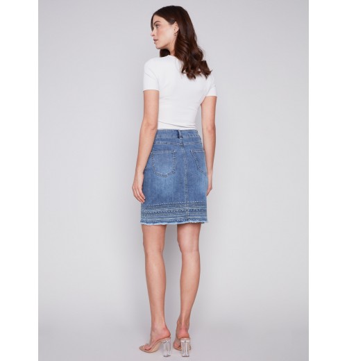 Embroidered Hem Denim Skort - Medium Blue Embroidered Hem Denim Skort - Medium Blue