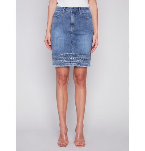Embroidered Hem Denim Skort - Medium Blue Embroidered Hem Denim Skort - Medium Blue
