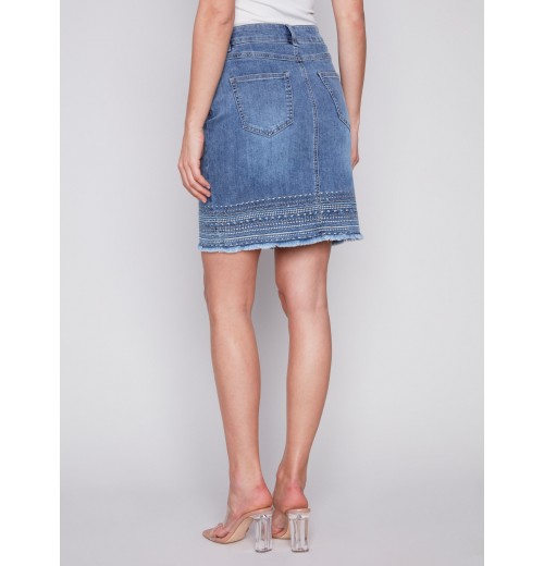 Embroidered Hem Denim Skort - Medium Blue Embroidered Hem Denim Skort - Medium Blue