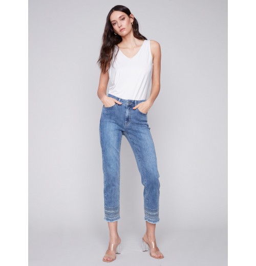 Embroidered Hem Jeans - Medium Blue Embroidered Hem Jeans - Medium Blue