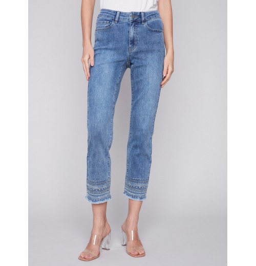 Embroidered Hem Jeans - Medium Blue Embroidered Hem Jeans - Medium Blue