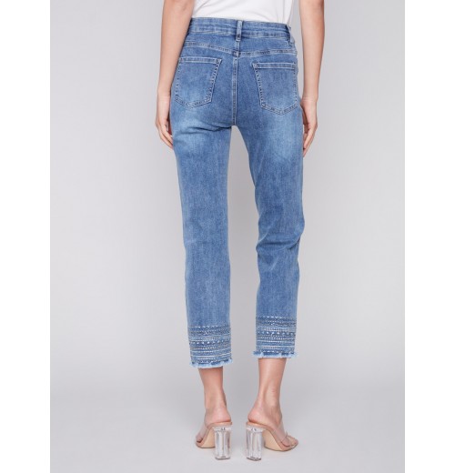 Embroidered Hem Jeans - Medium Blue Embroidered Hem Jeans - Medium Blue