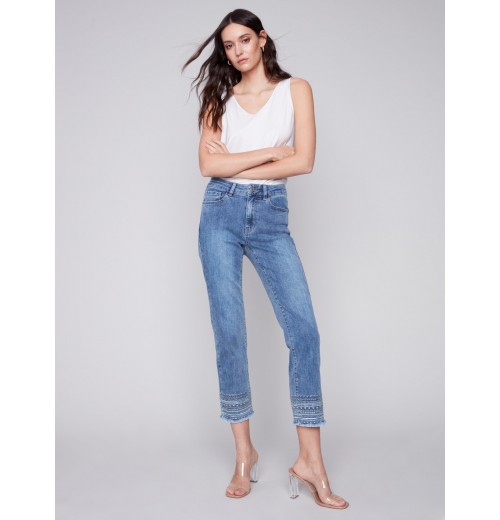 Embroidered Hem Jeans - Medium Blue Embroidered Hem Jeans - Medium Blue