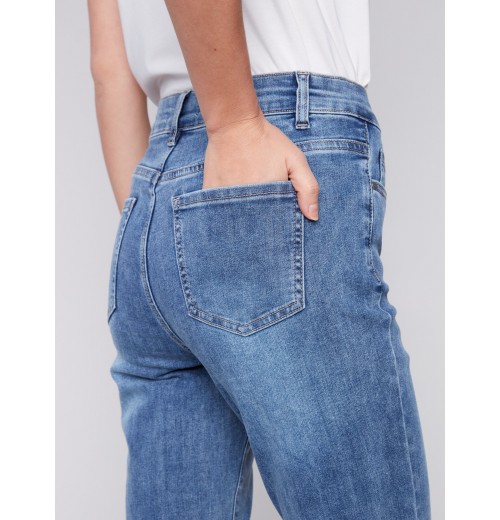 Embroidered Hem Jeans - Medium Blue Embroidered Hem Jeans - Medium Blue