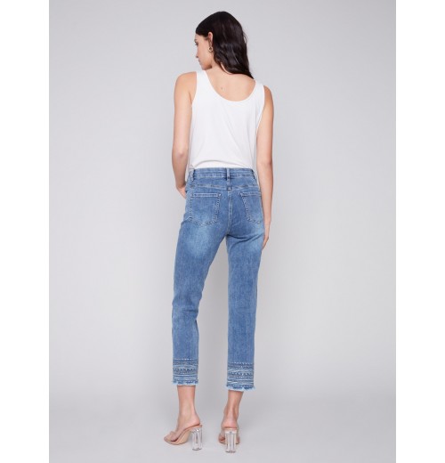 Embroidered Hem Jeans - Medium Blue Embroidered Hem Jeans - Medium Blue