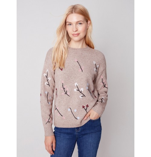 Embroidered Round Neck Sweater - Almond Embroidered Round Neck Sweater - Almond