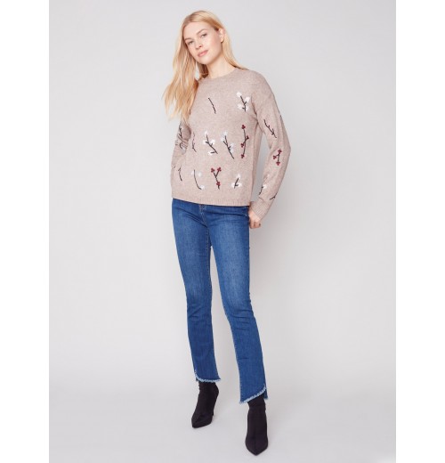 Embroidered Round Neck Sweater - Almond Embroidered Round Neck Sweater - Almond