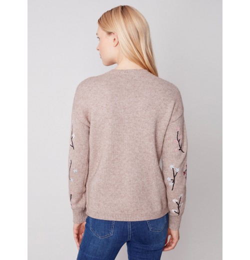 Embroidered Round Neck Sweater - Almond Embroidered Round Neck Sweater - Almond